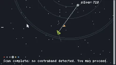 Screenshot of the game, showing the players ship headed towards a planet, with a patrol ship nearby, and the text below: Scan complete; no contraband detected. You may proceed.