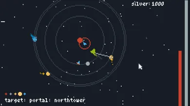Screenshot of the outer space area, traveling to the "northtower" portal.