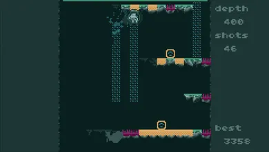 Screenshot of the game, featuring a figure with a bunch of particles surrounding them, hovering far above some spiky-looking things