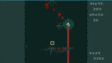 Screenshot of the game, featuring a red laser emanating downward from the player, and a lot of detritus particles from the swath of destruction in the player's wake