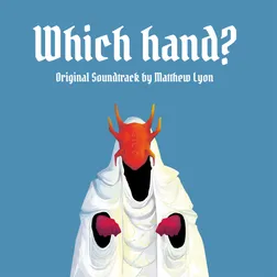 Album cover for Which hand?, featuring a figure in a white robe, wearing a spiky red mask, and holding out two red hands each grasping something