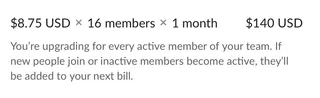 Screenshot of the pricing for upgrading one of my 'friends chat' Slack instances to a paid plan