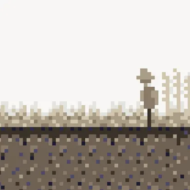 A scarecrow sits in the field, guarding stalks of grain